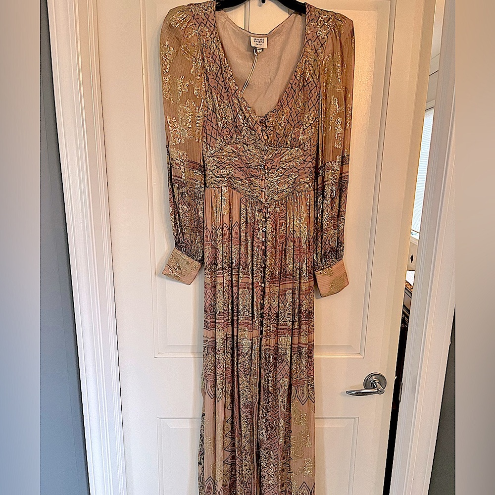 Long cocktail dress beautiful rich colors. Gold pink and beige. New with tags